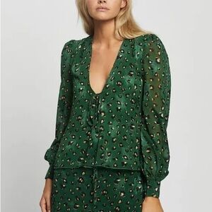 Never Fully Dressed Green and White Bishop Sleeve Blouse with Tie Front